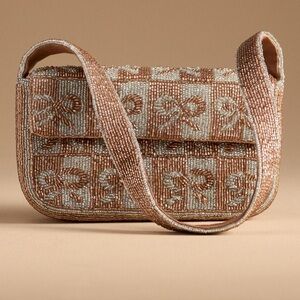 Anthropologie Bow Beaded Icon Purse New Elegant Beaded Tan and Cream Women's Bag